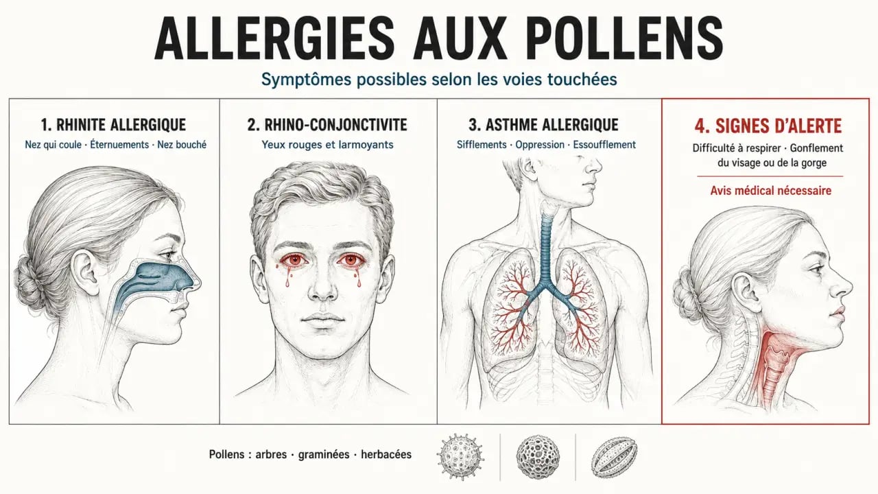 Infographie sur l’homéopathie pour les allergies au pollen et les symptômes de rhinite, conjonctivite et asthme allergique