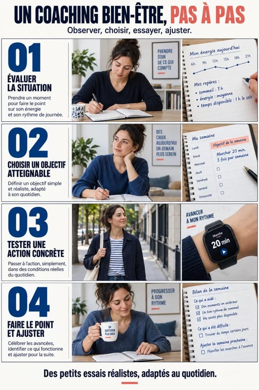 Étapes d’un accompagnement par un coach bien-être, de l’objectif au suivi des habitudes