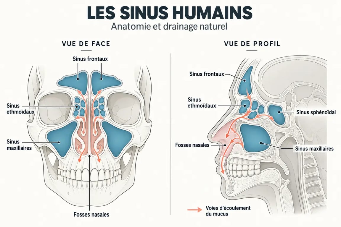 Schéma des sinus maxillaires, frontaux, ethmoïdaux et sphénoïdaux pour comprendre le traitement naturel pour la sinusite