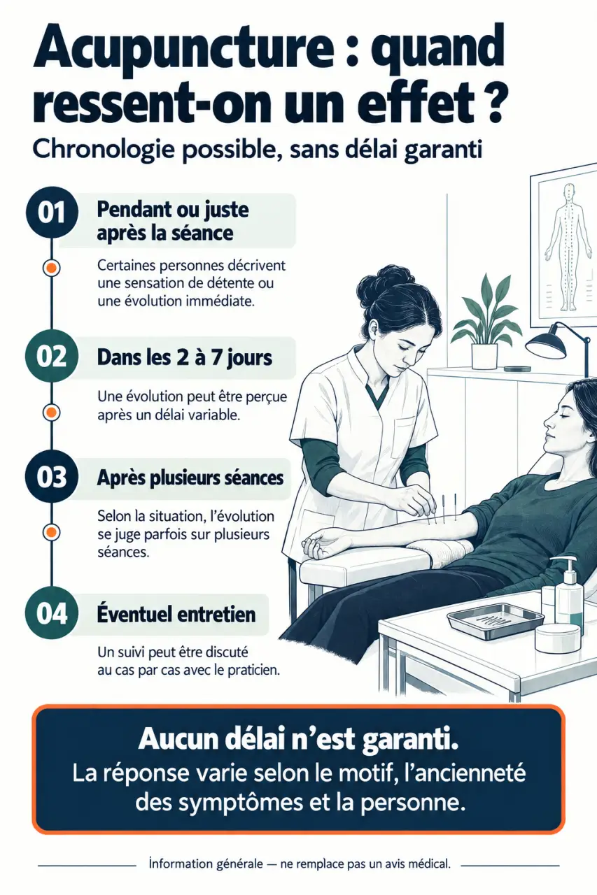 Infographie sur l’acupuncture effet au bout de combien de temps, de la séance aux jours suivants et après plusieurs rendez-vous