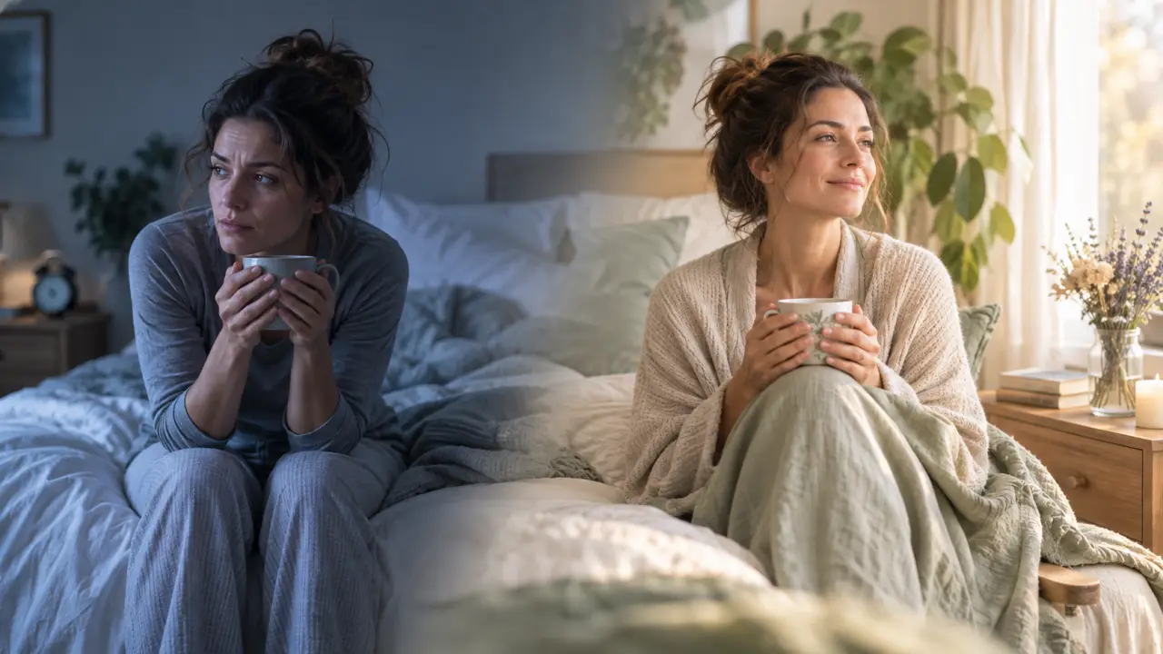 Espace de repos lumineux avec une tisane, des plantes et un fauteuil confortable
