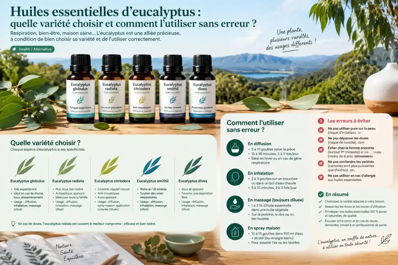 Huiles essentielles d’eucalyptus : quelle variété choisir et comment l’utiliser sans erreur