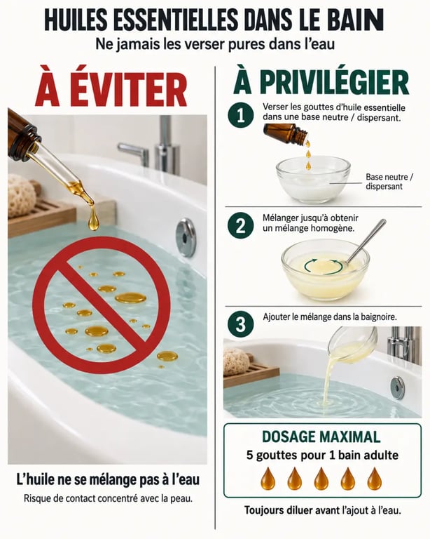 Infographie sur l’huile essentielle pour le bain et la dilution avant utilisation