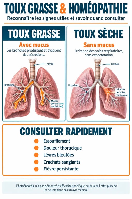 Infographie sur la toux grasse homéopathie : différence avec la toux sèche et signes nécessitant une consultation