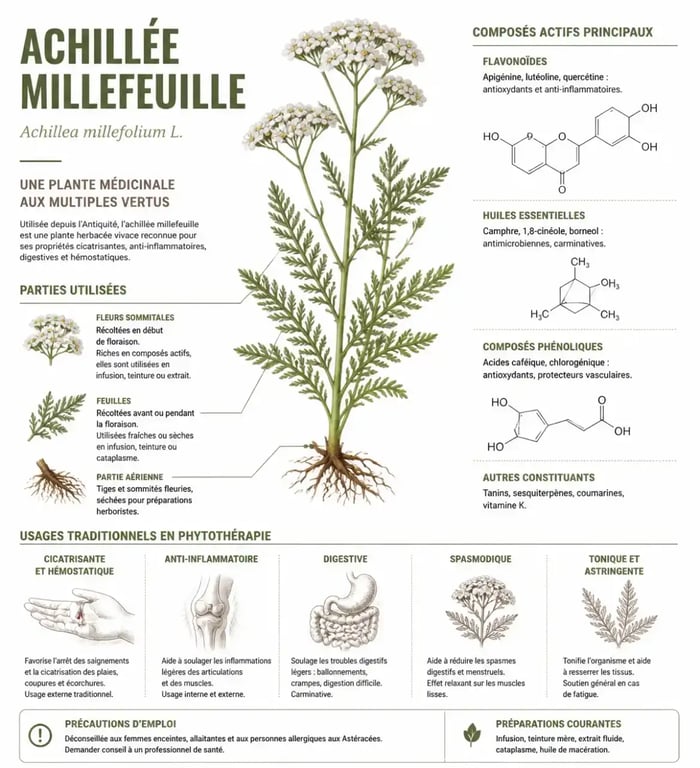 Infographie des propriétés et usages de la plante achillée millefeuille en phytothérapie