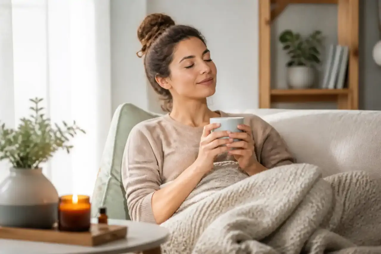 Espace de consultation lumineux et apaisant avec plantes vertes et tisane fumante