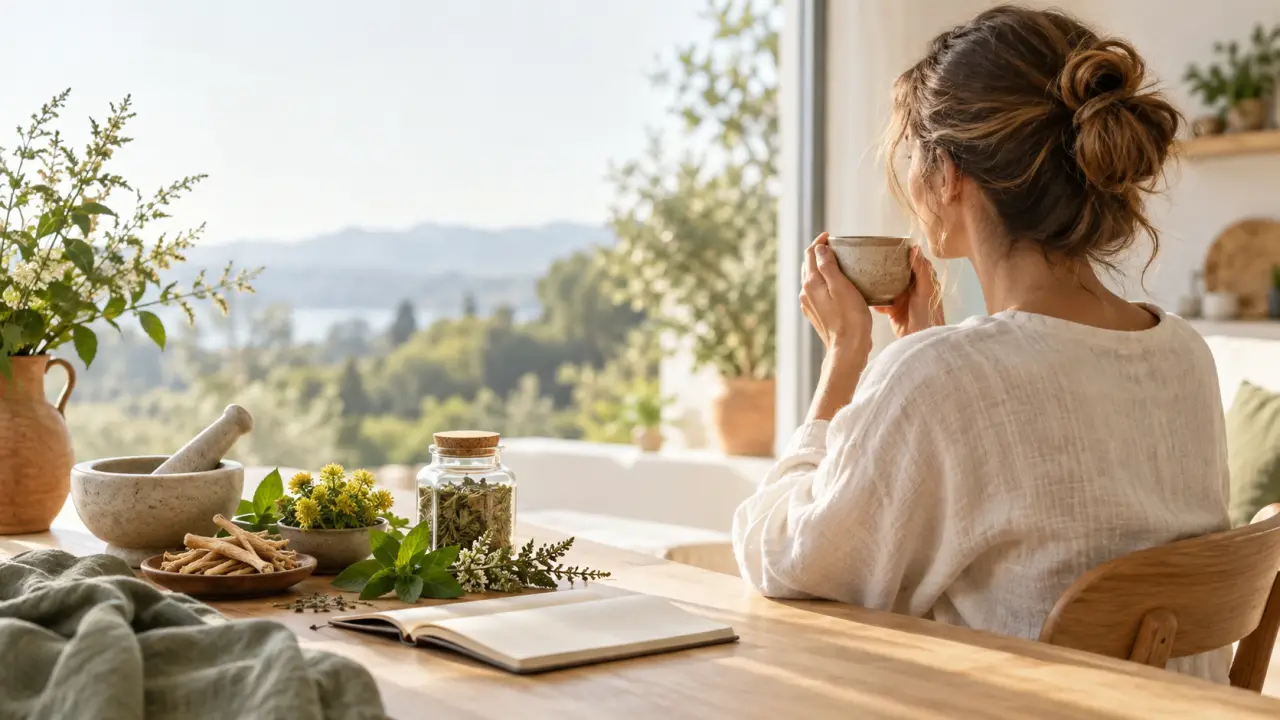 Plantes adaptogènes et tasse d'infusion dans un espace lumineux