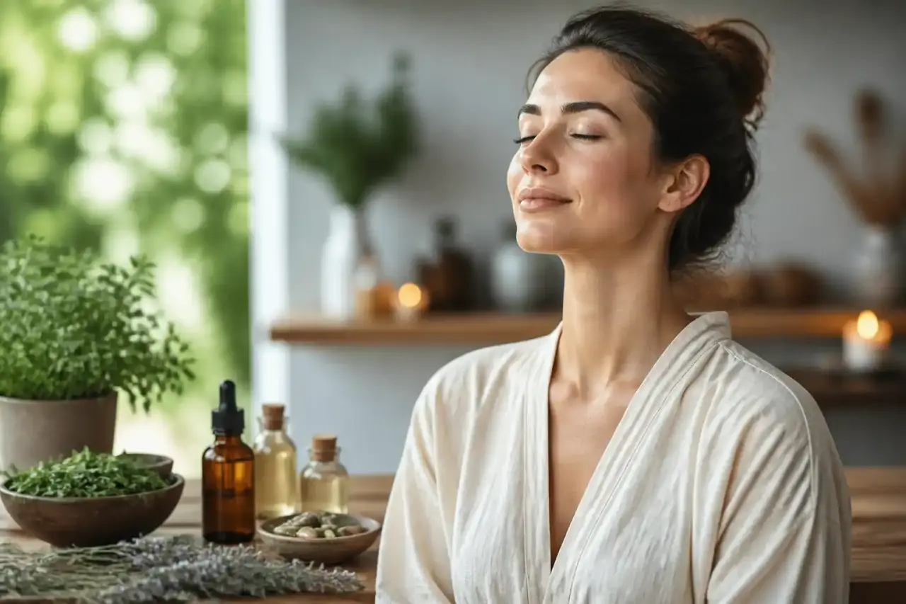 Espace de consultation lumineux avec plantes vertes, bureau en bois clair et tasse de tisane