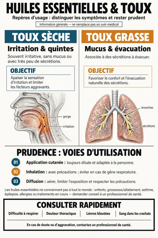 Infographie sur les huiles essentielles pour la toux sèche et la toux grasse avec précautions d’utilisation