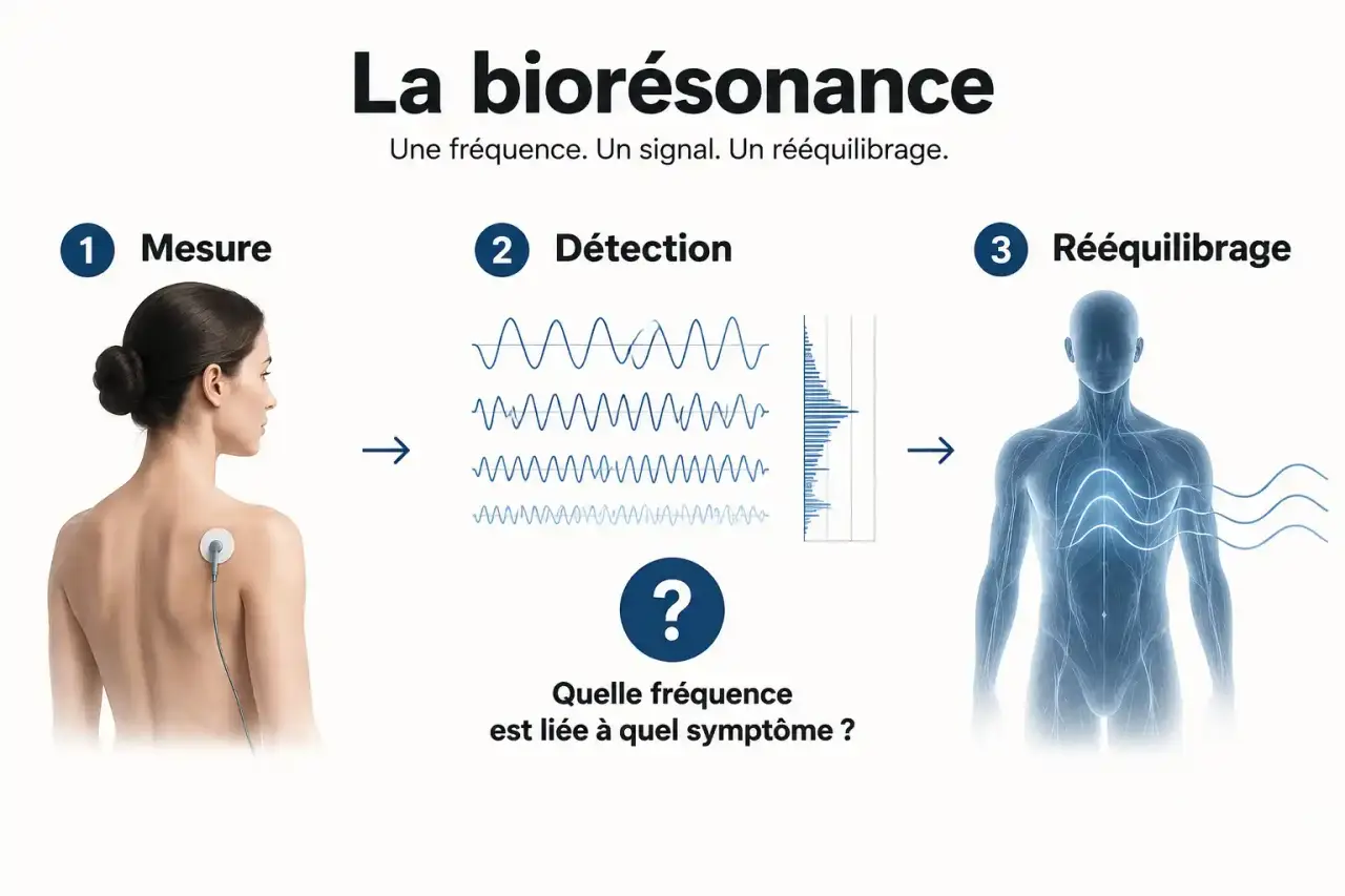 Schéma simplifié du fonctionnement annoncé de la biorésonance en trois temps : mesure, détection, rééquilibrage