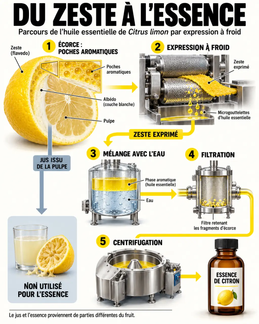 Huiles essentielles de citron : schéma de l’extraction de l’essence à partir du zeste