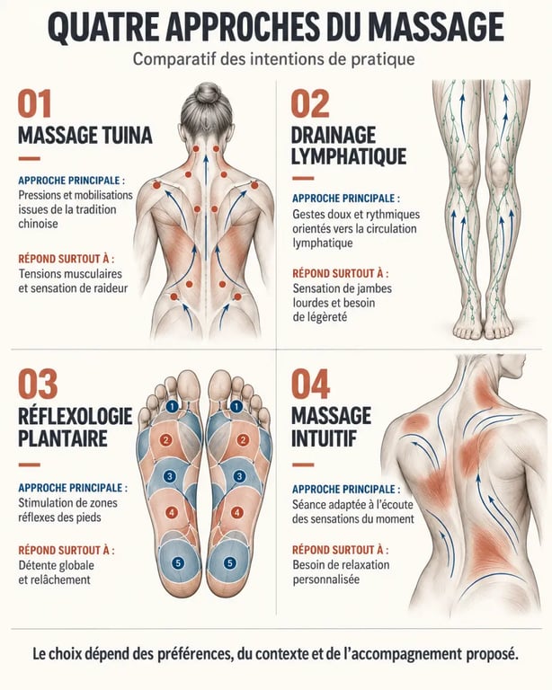 Infographie comparative du massage tuina, du drainage lymphatique, de la réflexologie et du massage intuitif