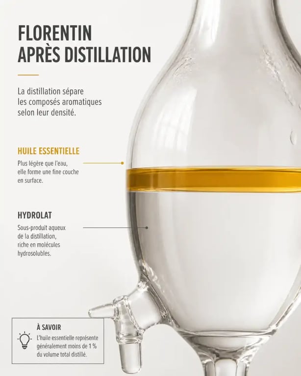 Séparation de l'huile essentielle et de l'hydrolat dans un florentin après distillation à la vapeur d'eau