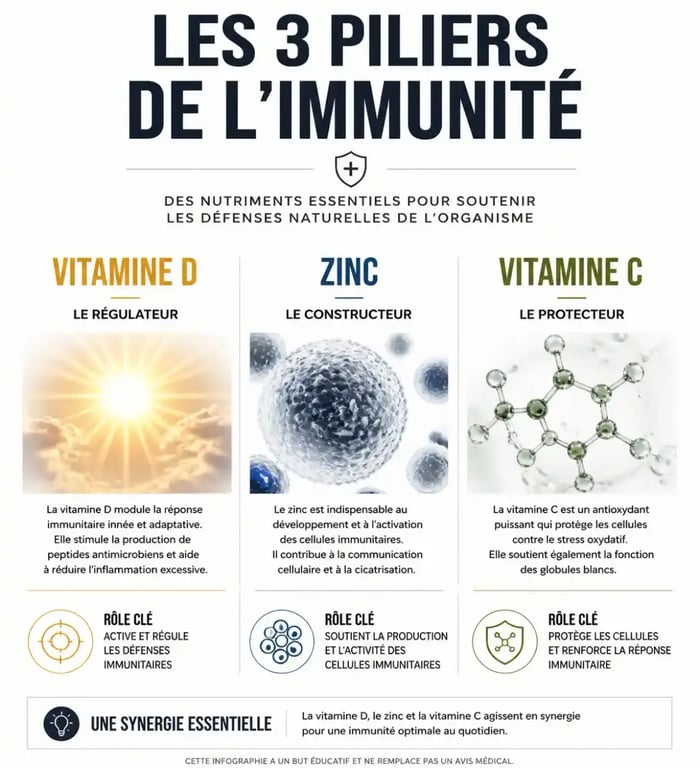 Infographie des nutriments essentiels pour le complément alimentaire immunité