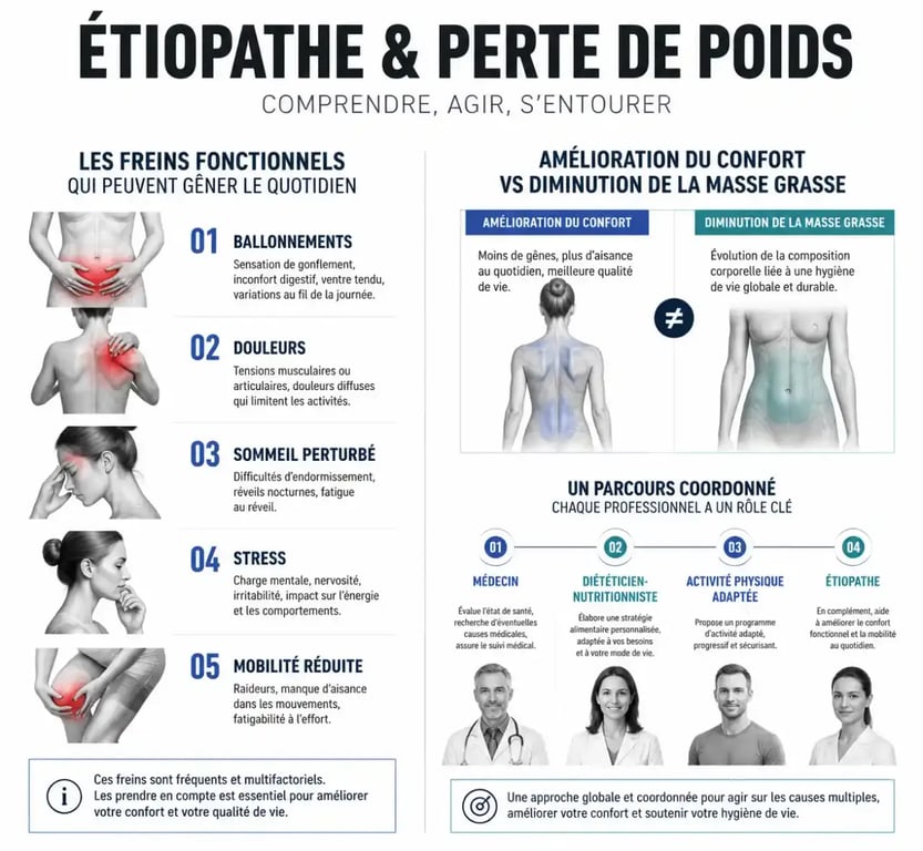 Infographie sur l’étiopathe et la perte de poids, distinguant confort digestif, mobilité et diminution de la masse grasse