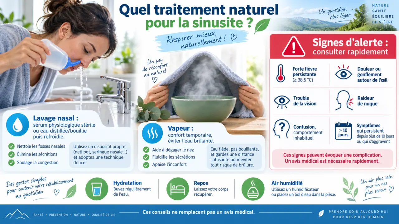 Quel traitement naturel pour la sinusite ? Lavage nasal, vapeur et signes d’alerte