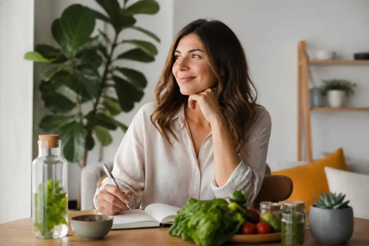 Espace de consultation lumineux avec plantes, bois clair et tisane fumante