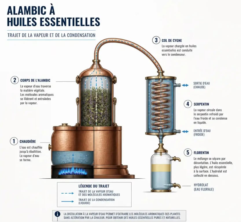 Schéma d'un alambic pour distiller des huiles essentielles avec chaudière, col de cygne et florentin