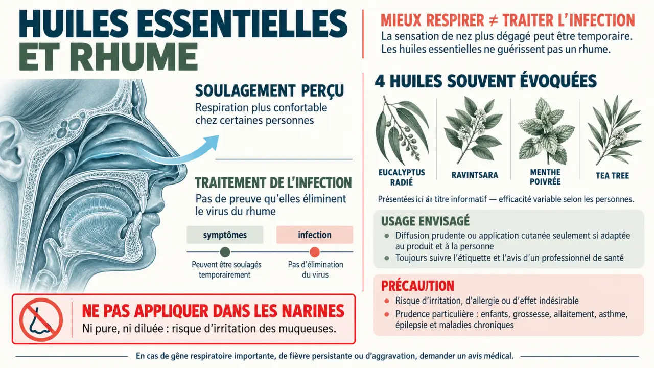 Infographie sur les huiles essentielles contre le rhume et leurs précautions d’usage