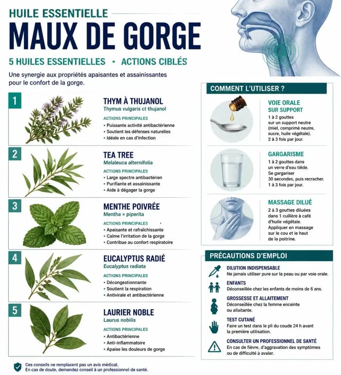 Huile essentielle pour maux de gorge : tableau visuel des huiles recommandées, usages et précautions