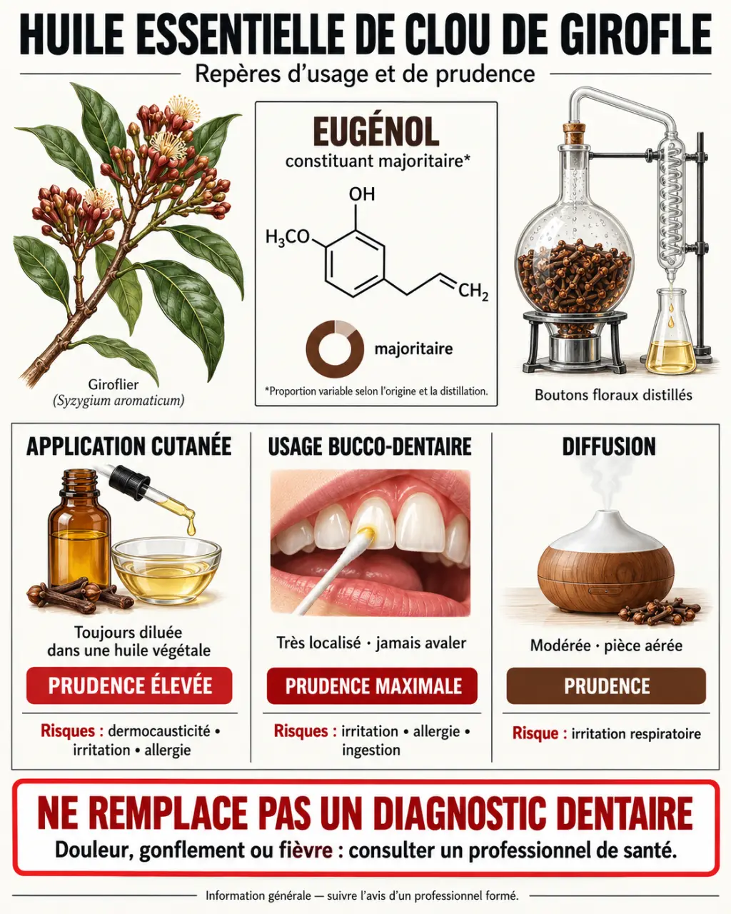 Infographie sur les huiles essentielles de clou de girofle, l’eugénol, les usages et les précautions