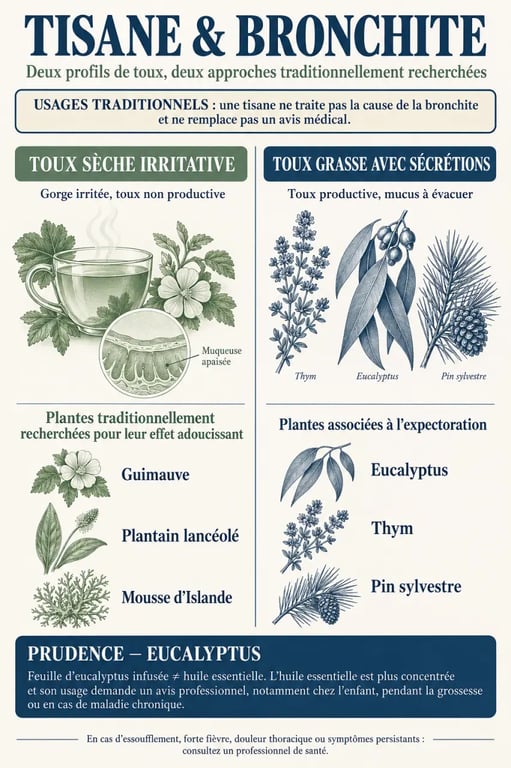 Infographie sur la tisane bronchite selon le type de toux et les plantes traditionnellement utilisées