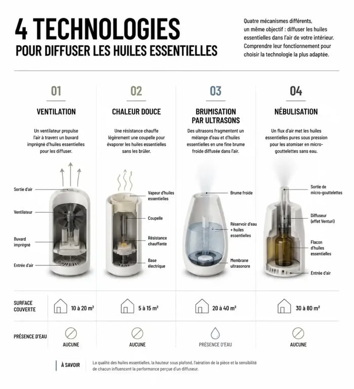 Schéma des types de diffuseurs pour huiles essentielles pour diffuseur électrique : ventilation, chaleur douce, brumisation, nébulisation