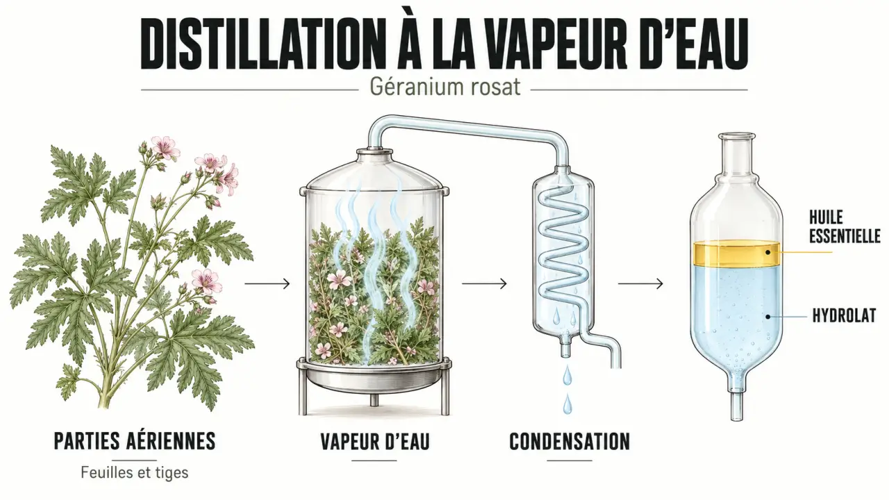 Schéma de fabrication des huiles essentielles de géranium par distillation et séparation de l’hydrolat