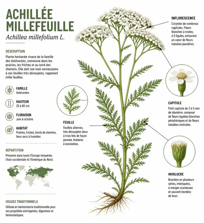 Identification botanique de l'achillée millefeuille avec ses feuilles plumeuses et fleurs en corymbes