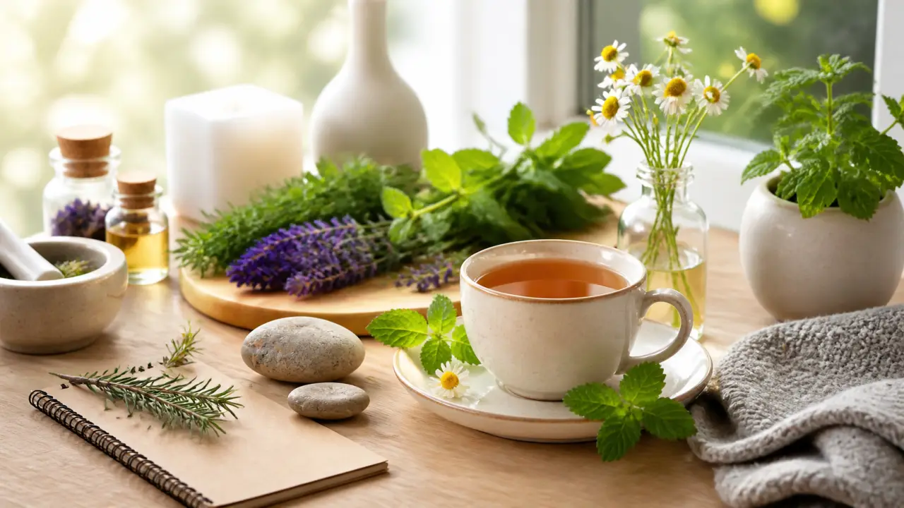 Espace de consultation lumineux et apaisant, avec plantes vertes, tisane fumante et bureau en bois clair