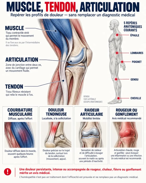 Homéopathie douleurs musculaires et articulaires : schéma des muscles, tendons, articulations et signes d’alerte