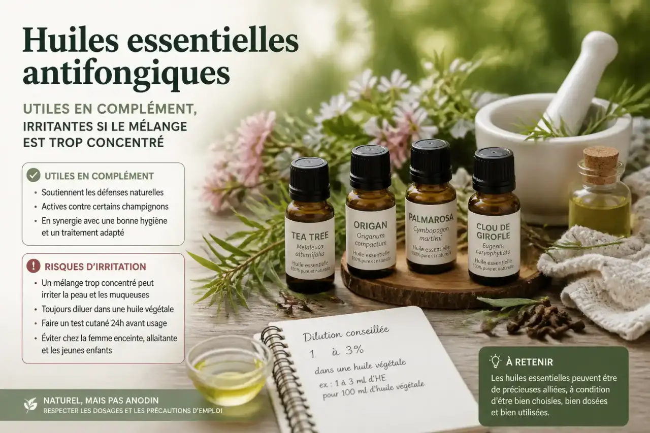 Huiles essentielles antifongiques : utiles en complément, irritantes si le mélange est trop concentré