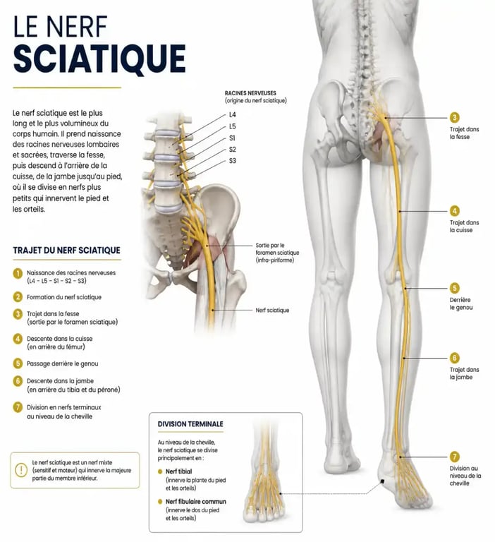 Schéma anatomique du trajet du nerf sciatique pour comprendre la douleur liée à la sciatique